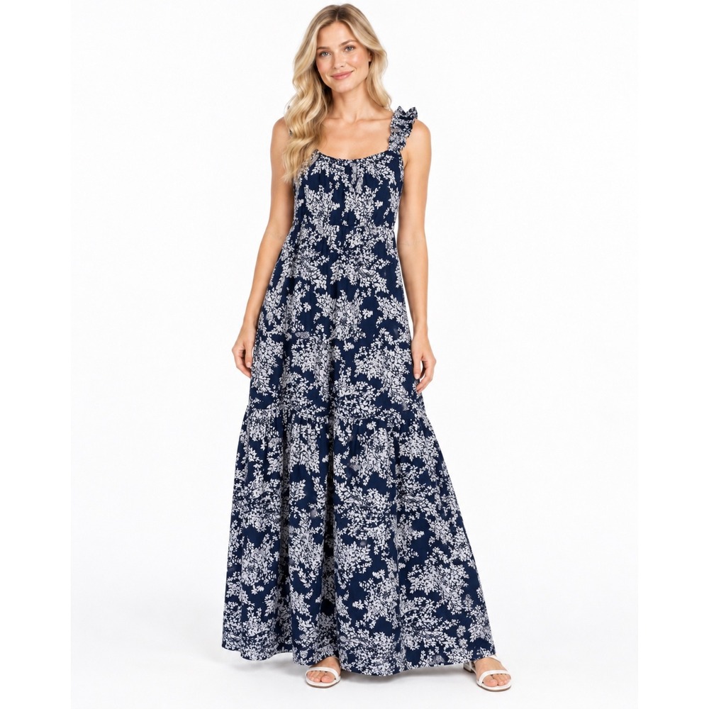 Abercrombie & Fitch Floral Maxi Dress Women Size XS Navy Blue Ruffle Boho